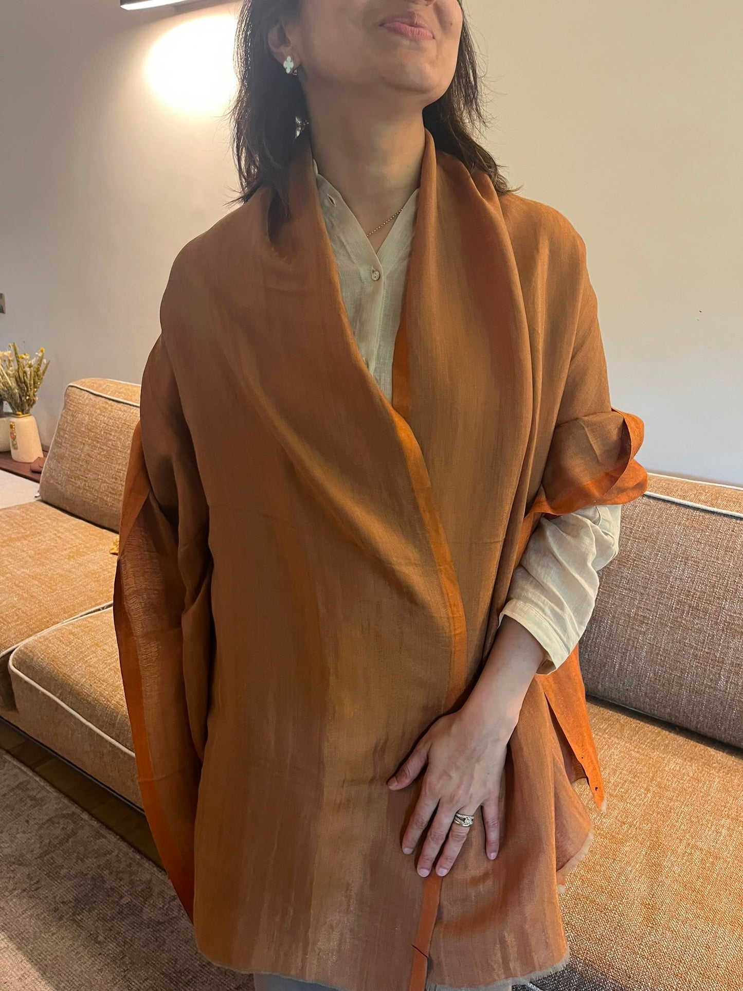 Beautiful reversable  golden colour Silk stole / scarf  perfect for all season . Very light and comfortable to carry