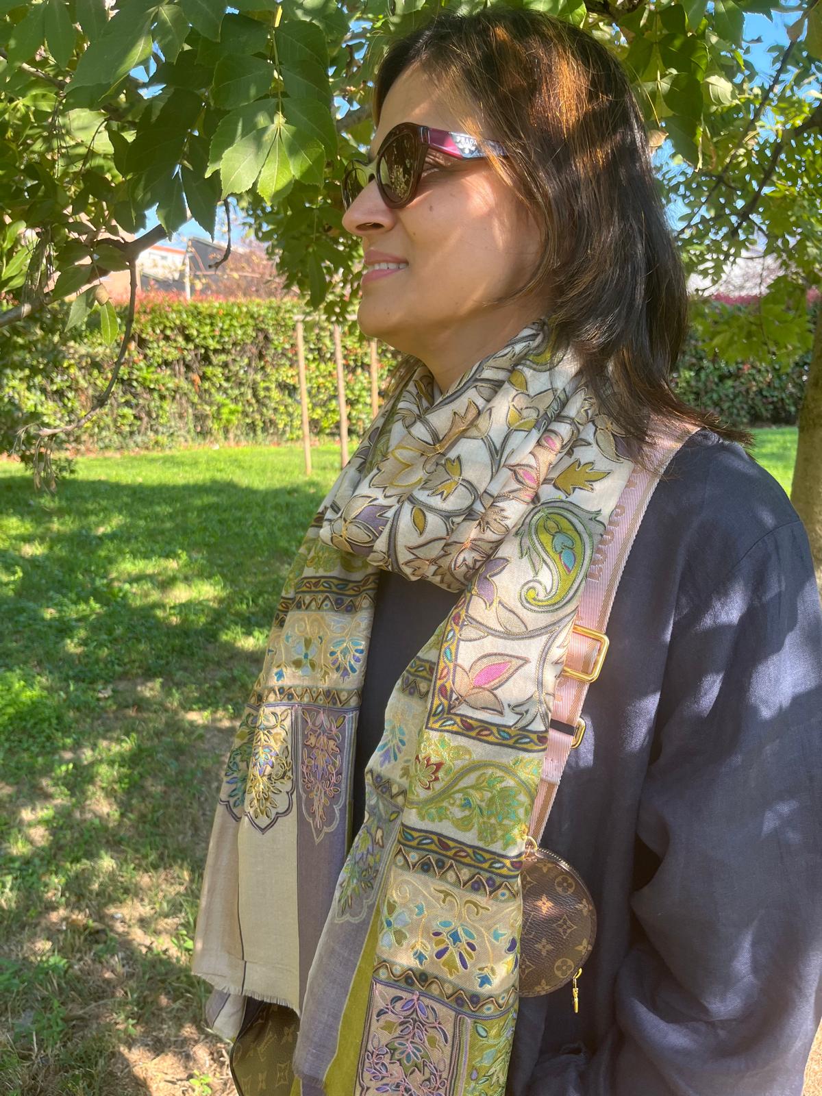 Embroidered Pashmina-Style Wool Shawl in Vibrant Green | Painted-Look Digital Embroidery Kashmiri Shawl
