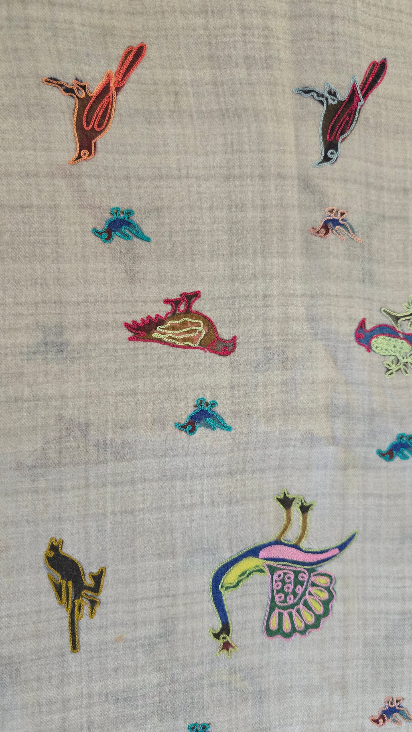 Artisan made  embroidered Pashmina wool Shawl:  digital embroidery with peacock figures