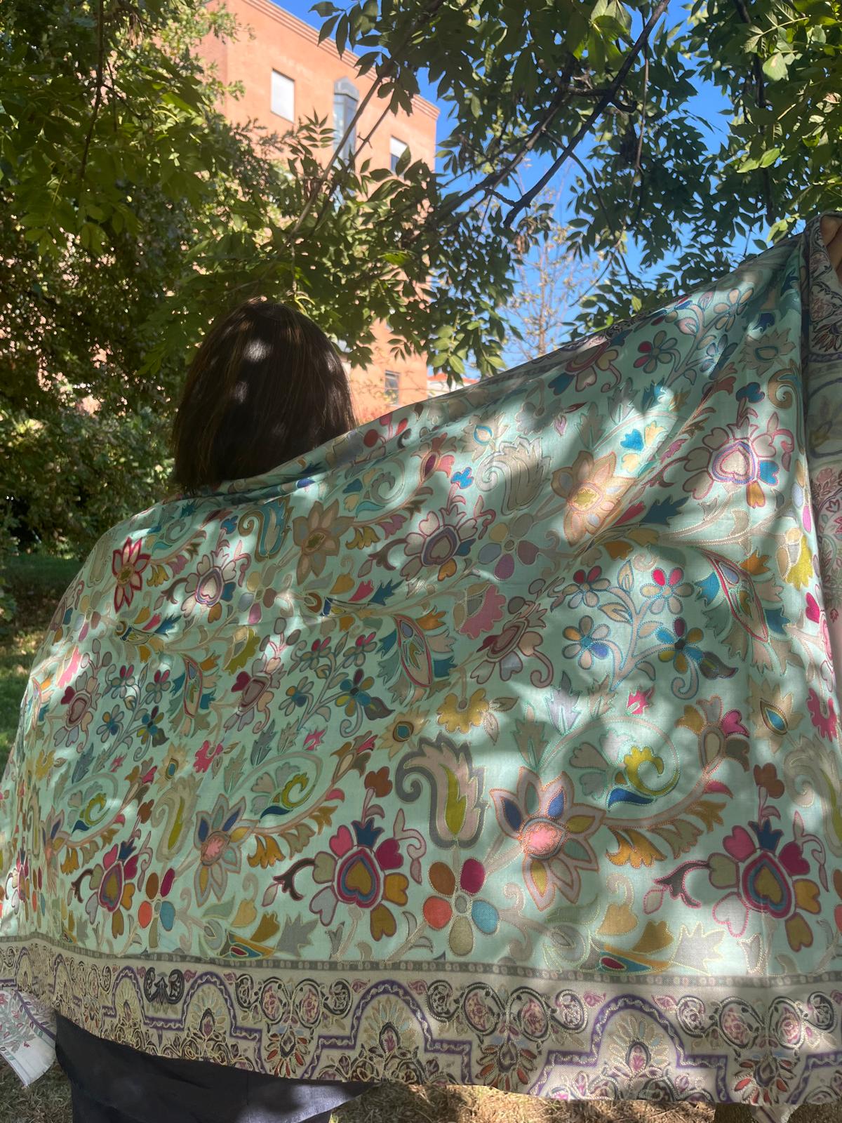 Digital Embroidered Painted Pashmina-Style Scarf in Light Grey | Multicolour Floral Wool Shawl