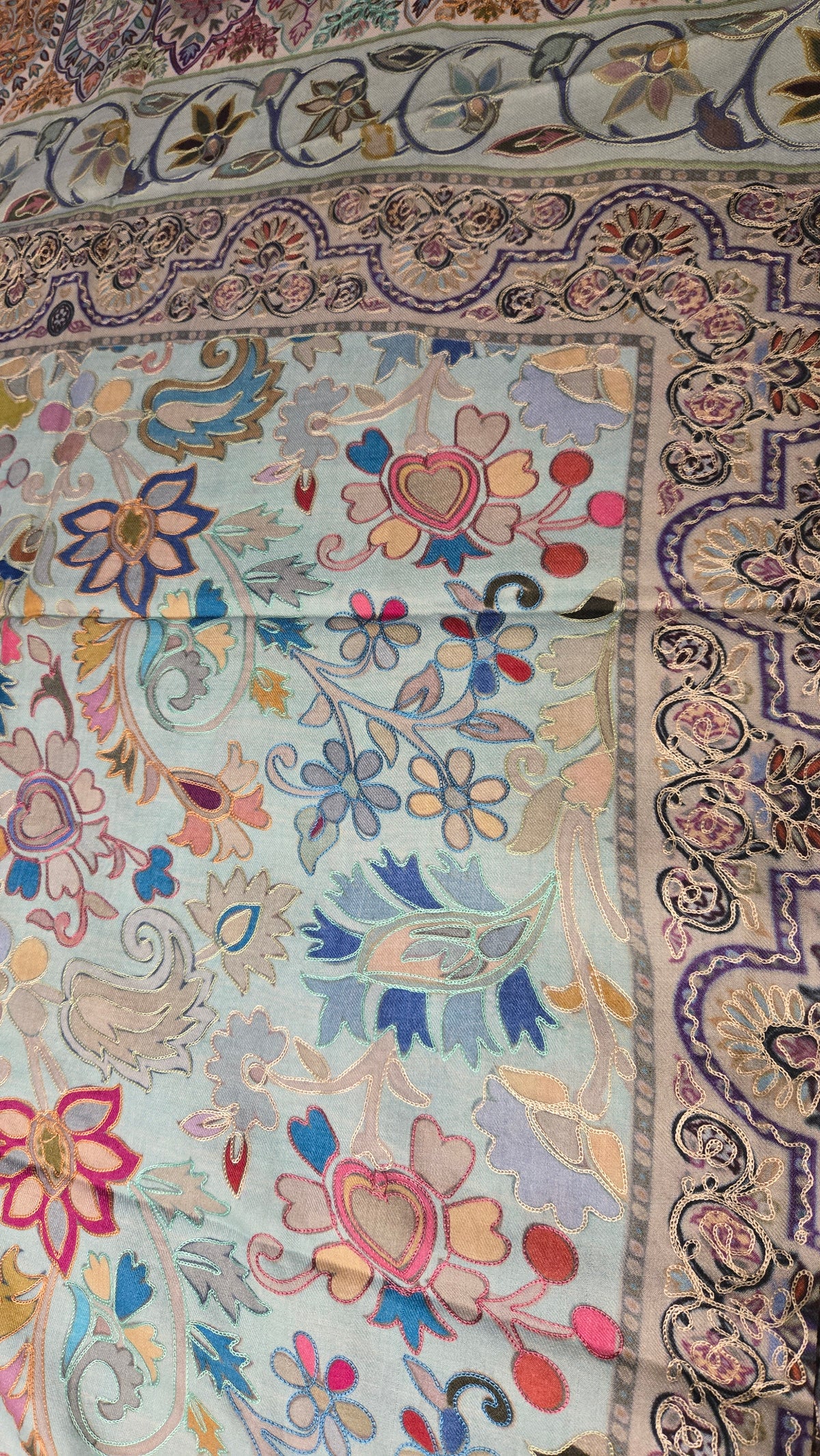 Digital Embroidered Painted Pashmina-Style Scarf in Light Grey | Multicolour Floral Wool Shawl