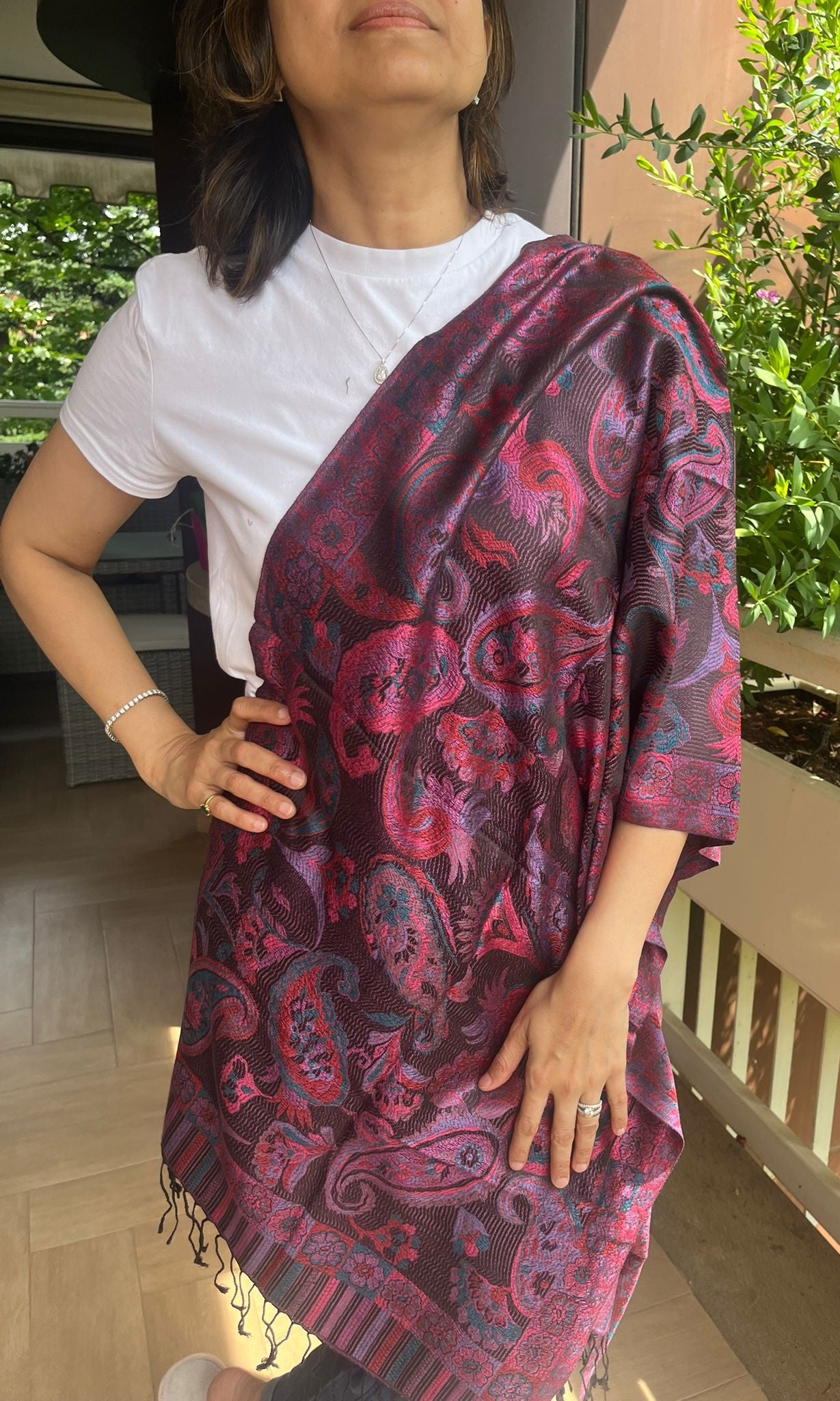 Beautiful multicoloured  self weaves Silk stole / scarf perfect for all season . Very light and comfortable to carry