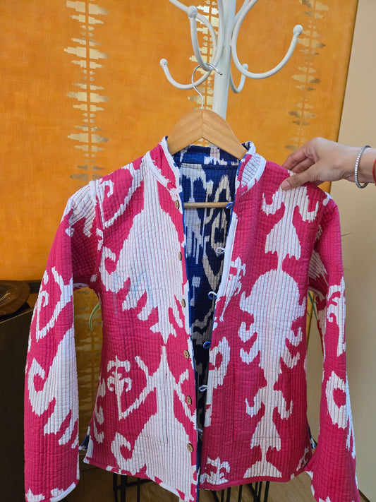 Indian Handmade Kantha Reversible Short Length  All Season Bohemian Jacket Ikkat print Pink/Blue