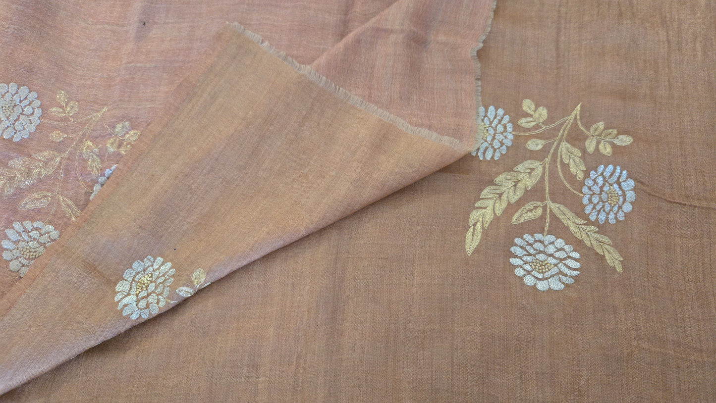 Beautiful two shades golden zari and  peach colour  Silk stole / scarf hand made perfect for all season . Very light and comfortable to car