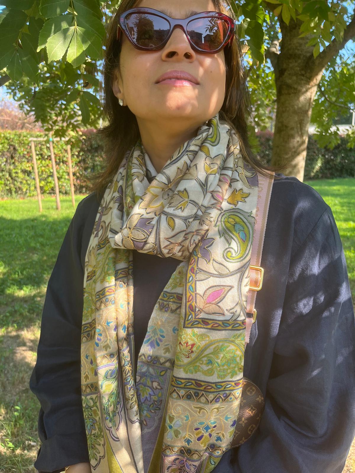 Embroidered Pashmina-Style Wool Shawl in Vibrant Green | Painted-Look Digital Embroidery Kashmiri Shawl