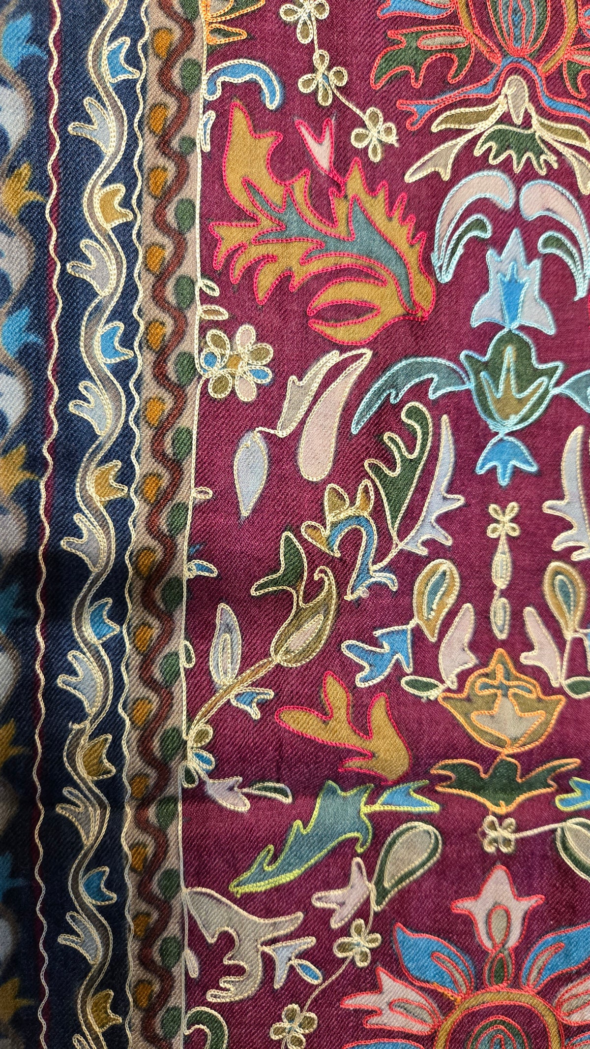 Embroidered Pashmina-Style Wool Shawl in Maroon | Multicolour Floral Digital Embroidery Painted-Look Shawl