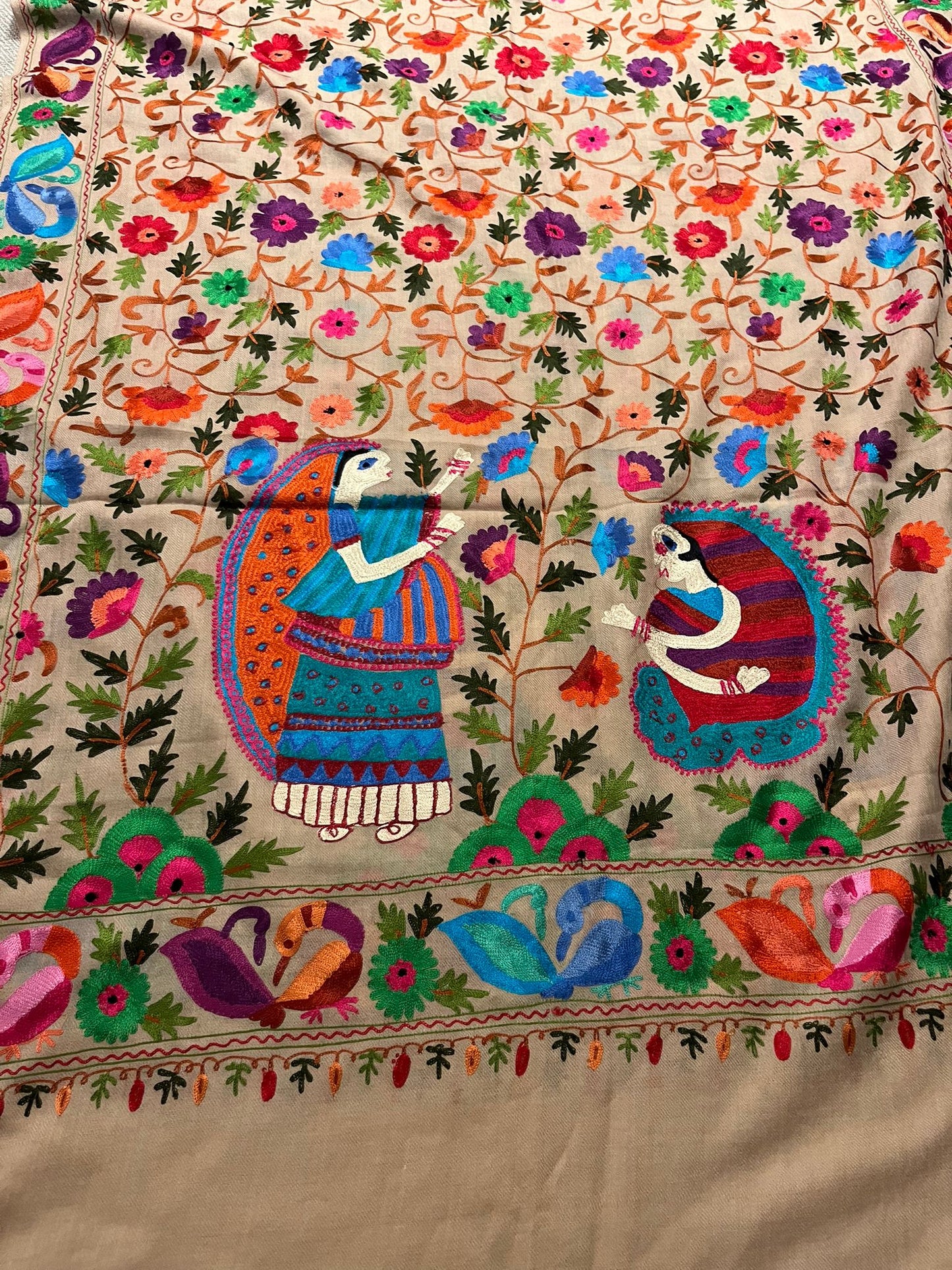 Cashmere Wool Shawl Hand Embroidered Kashmir | Folk ArtWrap | Wedding Gift Heirloom Textile