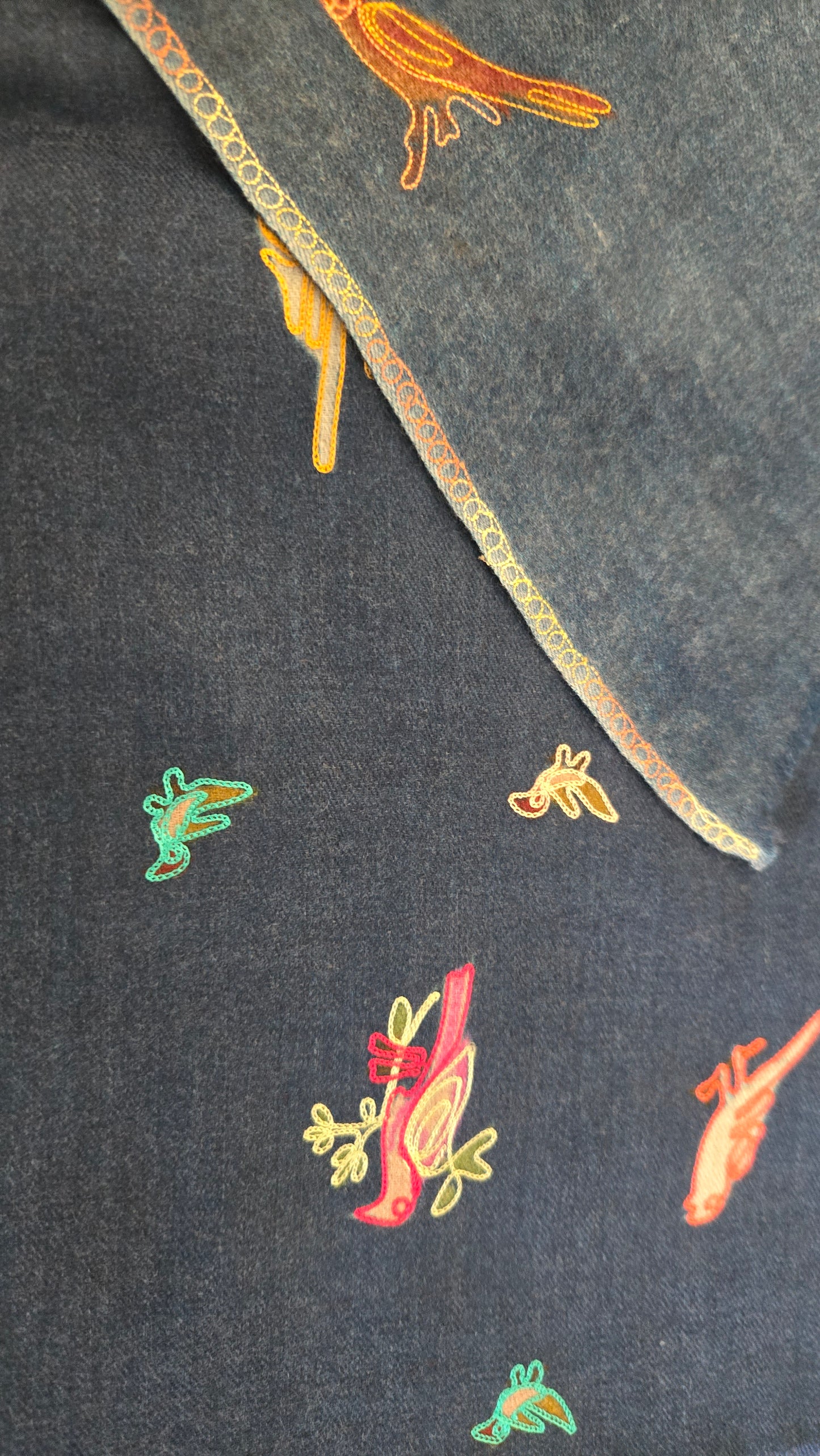 Artisan made embroidered Pashmina wool shawl:  digital embroidery with bird figures
