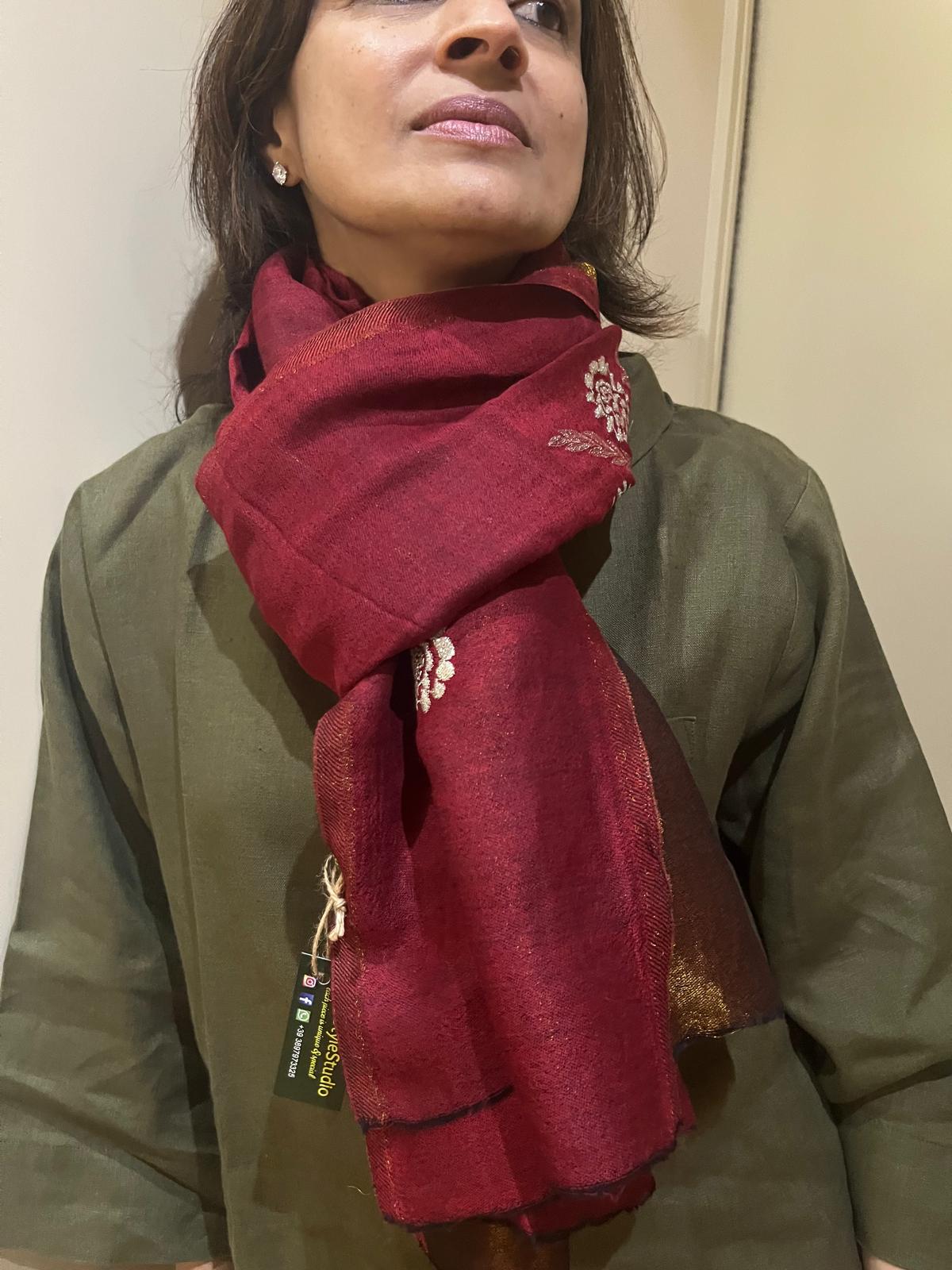 Golden Zari Embroidered Silk Stole in Red Wine & Gold | Two-Tone Lightweight Scarf for Women