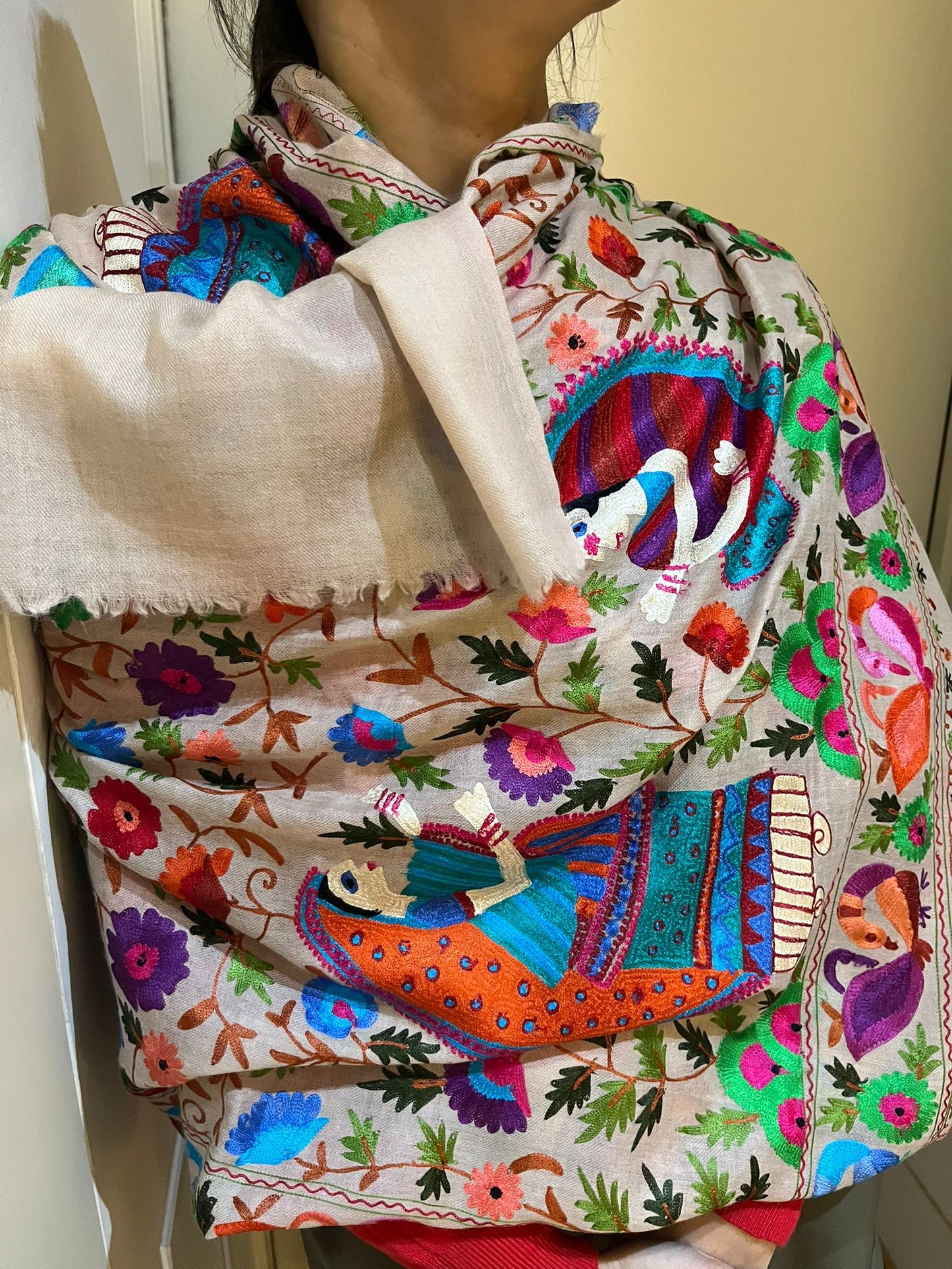 Cashmere Wool Shawl Hand Embroidered Kashmir | Folk ArtWrap | Wedding Gift Heirloom Textile