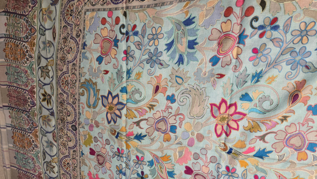 Digital Embroidered Painted Pashmina-Style Scarf in Light Grey | Multicolour Floral Wool Shawl