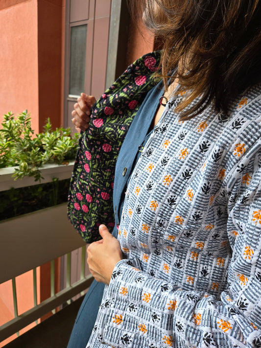 Indian Handmade Kantha Reversible Short Length  All Season Bohemian Jacket  in black and pink floral print.