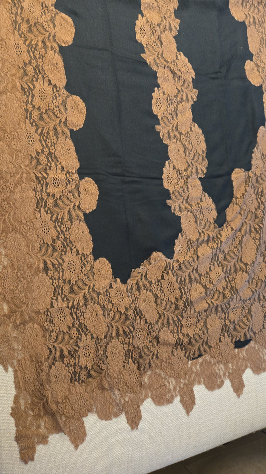 Handwoven Pashmina Stole with Lace Border | Black & Brown
