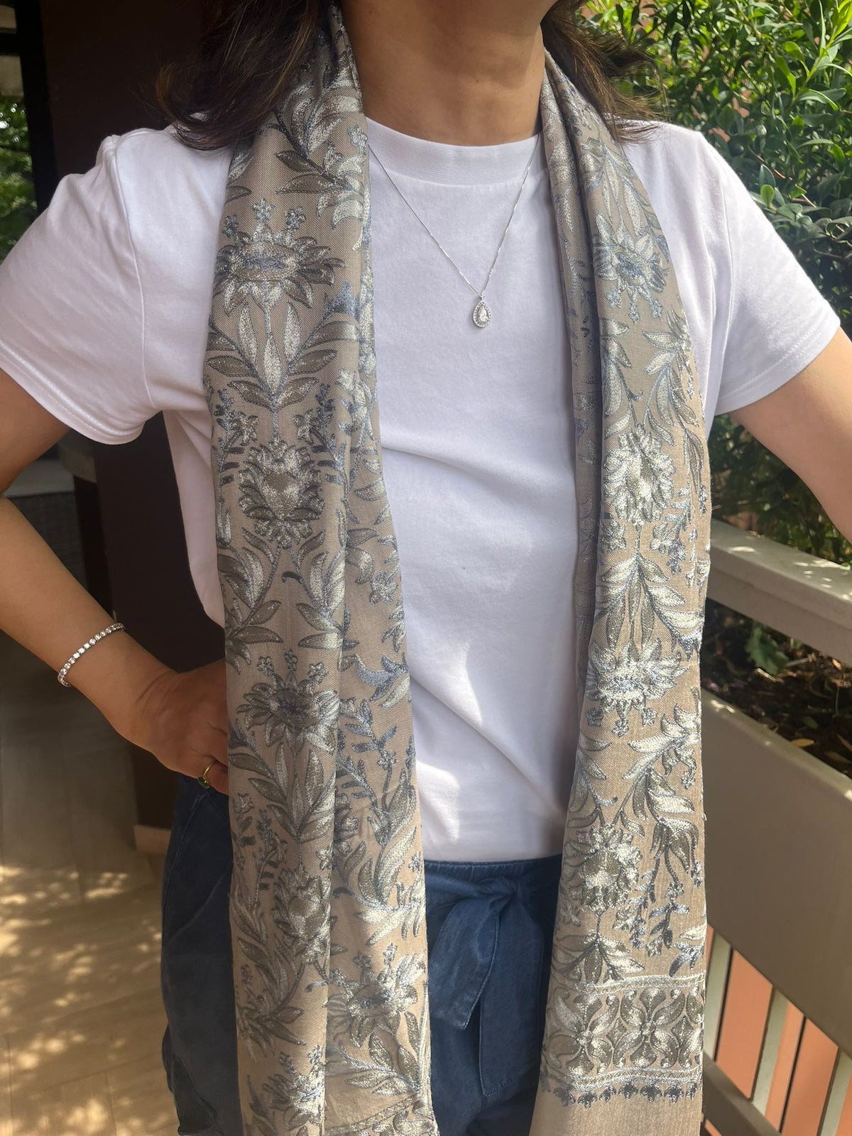 Antique Beige & Sapphire: Feather-Soft Woven Floral Shawl
