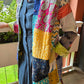 Indian Handmade Kantha Reversible long Length  All Season Bohemian Jacket  in light green  and rainbow colours