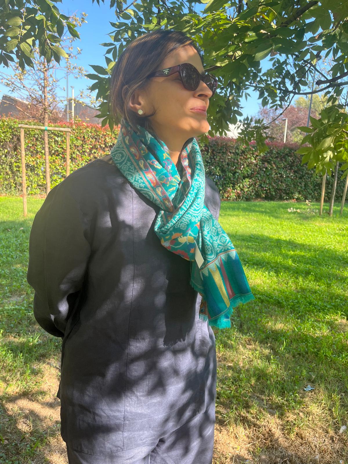 Artisan Made Kani Weave Paisley Shawl in Sea Green | Kashmiri Wool Pashmina-Style Scarf with Multicolour Flowers