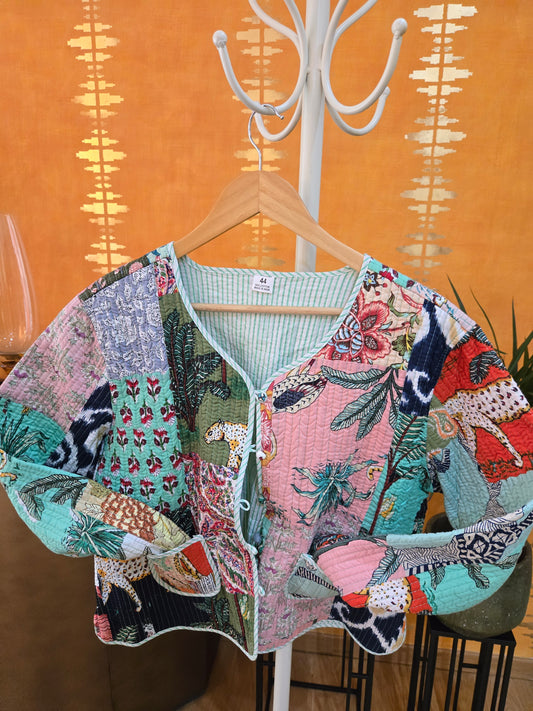 Indian Handmade Kantha Reversible Short Length  All Season Bohemian Jacket summer  colour of light green and pink