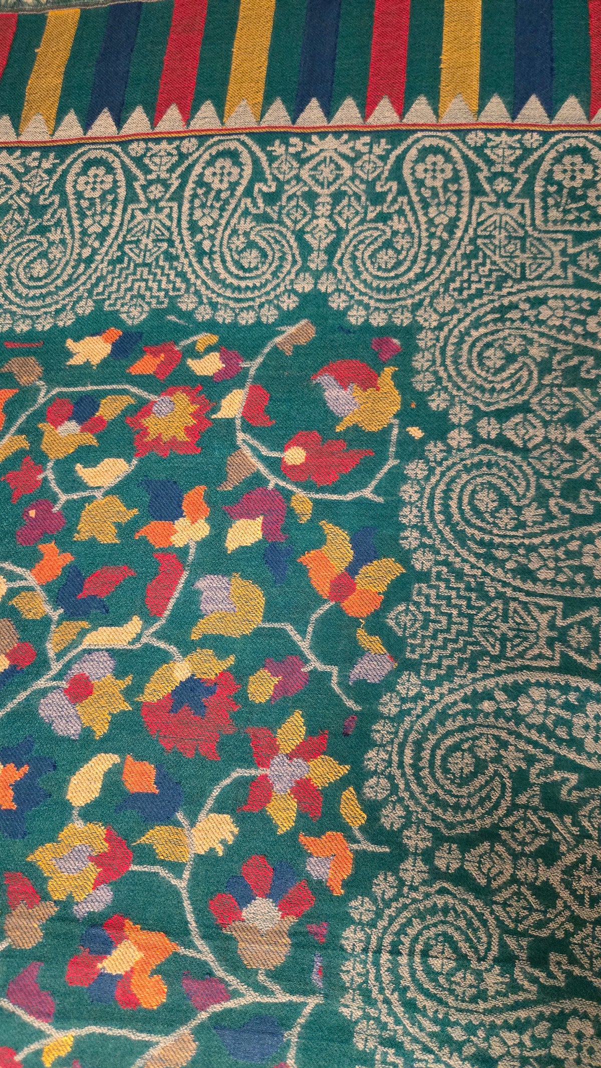 Artisan Made Kani Weave Paisley Shawl in Sea Green | Kashmiri Wool Pashmina-Style Scarf with Multicolour Flowers