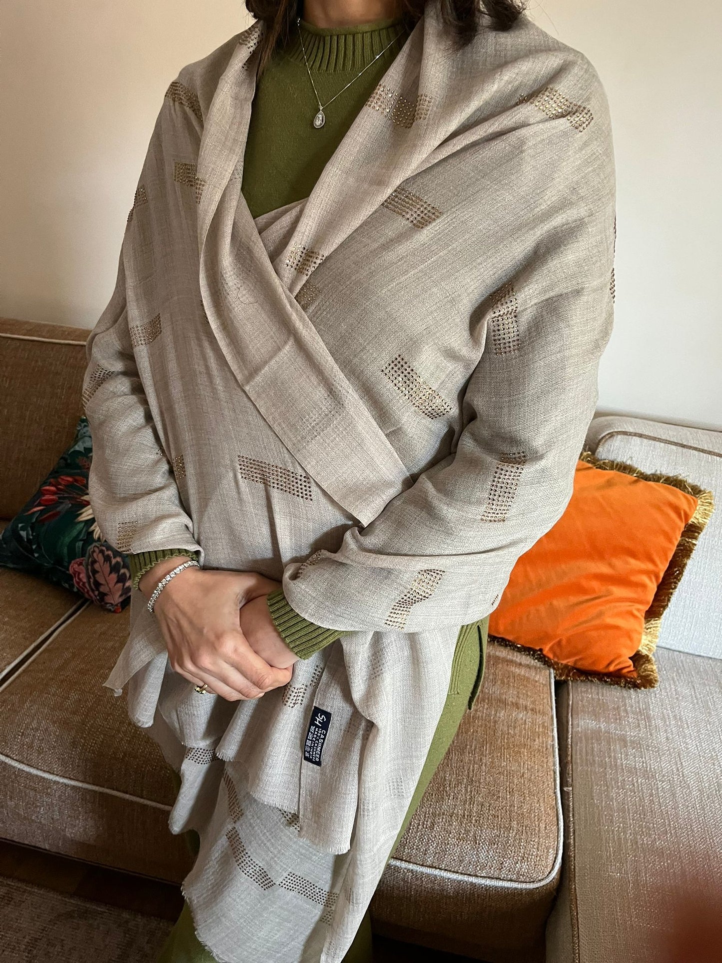 Hand woven stone patch work  Pashmina Cashmere Stole: Artisan Shawl