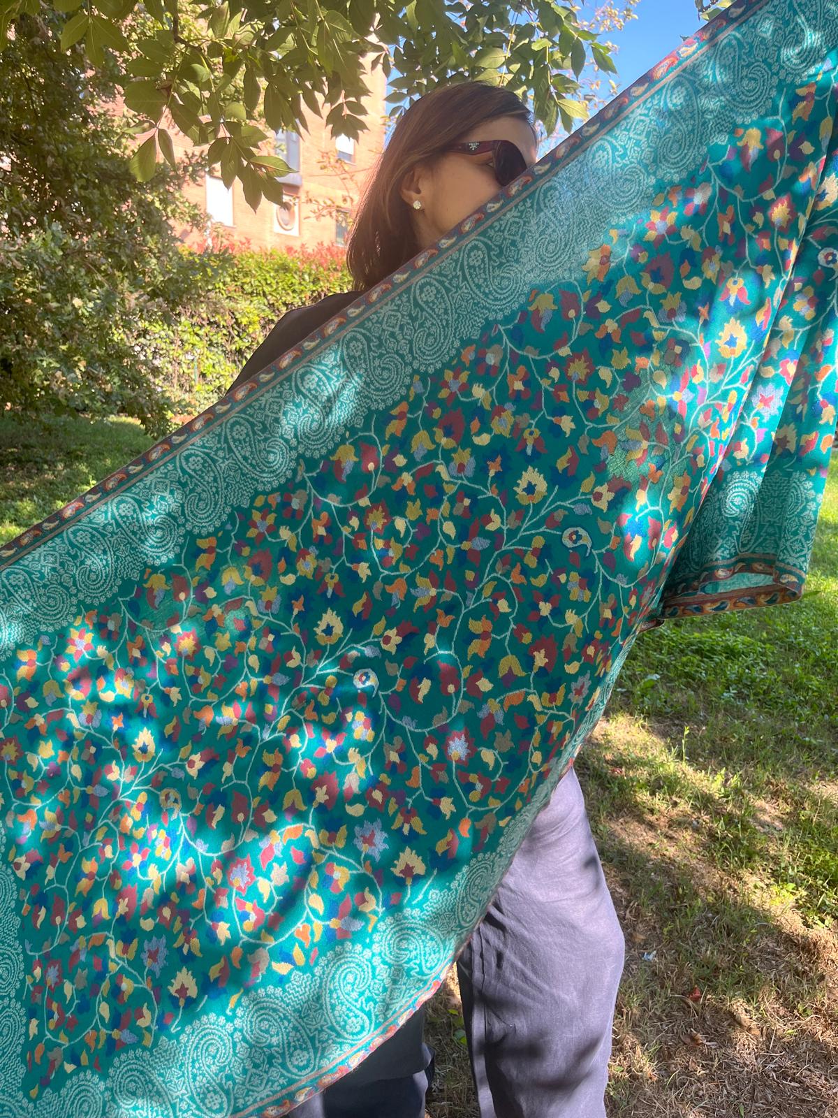 Artisan Made Kani Weave Paisley Shawl in Sea Green | Kashmiri Wool Pashmina-Style Scarf with Multicolour Flowers