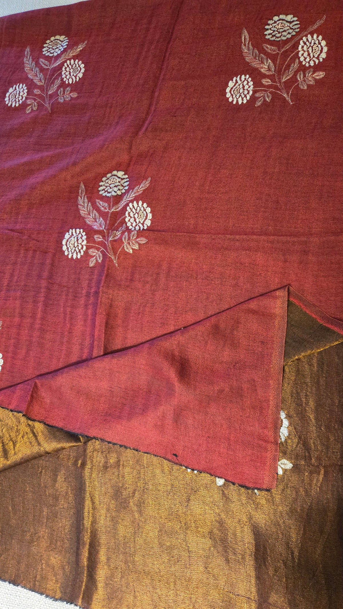 Golden Zari Embroidered Silk Stole in Red Wine & Gold | Two-Tone Lightweight Scarf for Women