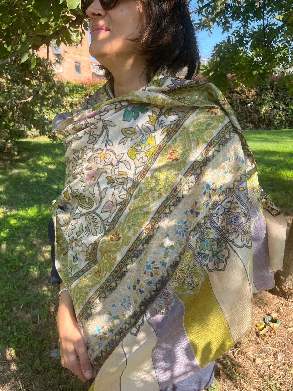 Embroidered Pashmina-Style Wool Shawl in Vibrant Green | Painted-Look Digital Embroidery Kashmiri Shawl