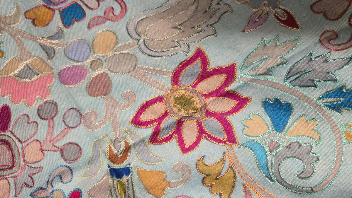 Digital Embroidered Painted Pashmina-Style Scarf in Light Grey | Multicolour Floral Wool Shawl