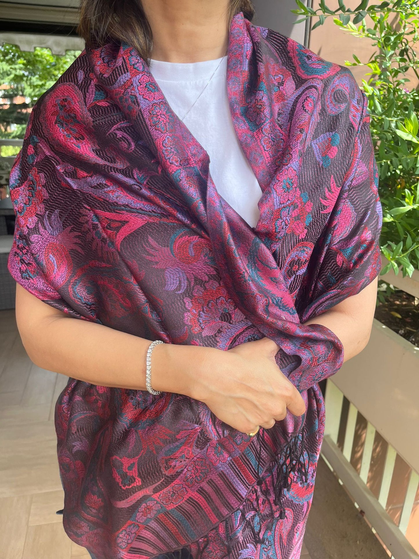Beautiful multicoloured  self weaves Silk stole / scarf perfect for all season . Very light and comfortable to carry