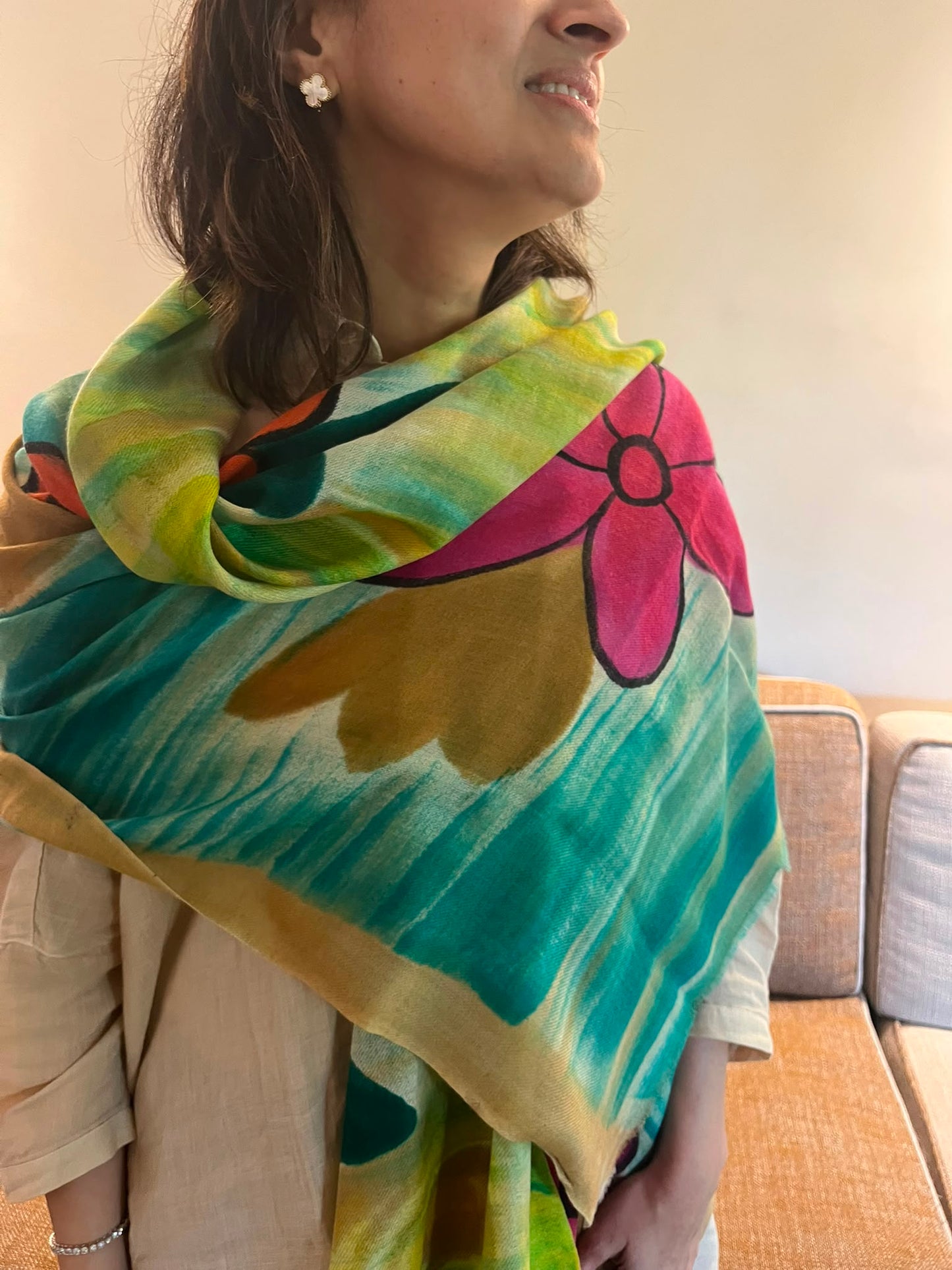 Hand painted Pashmina Wool floral Scarf/Shawl made by artisans
