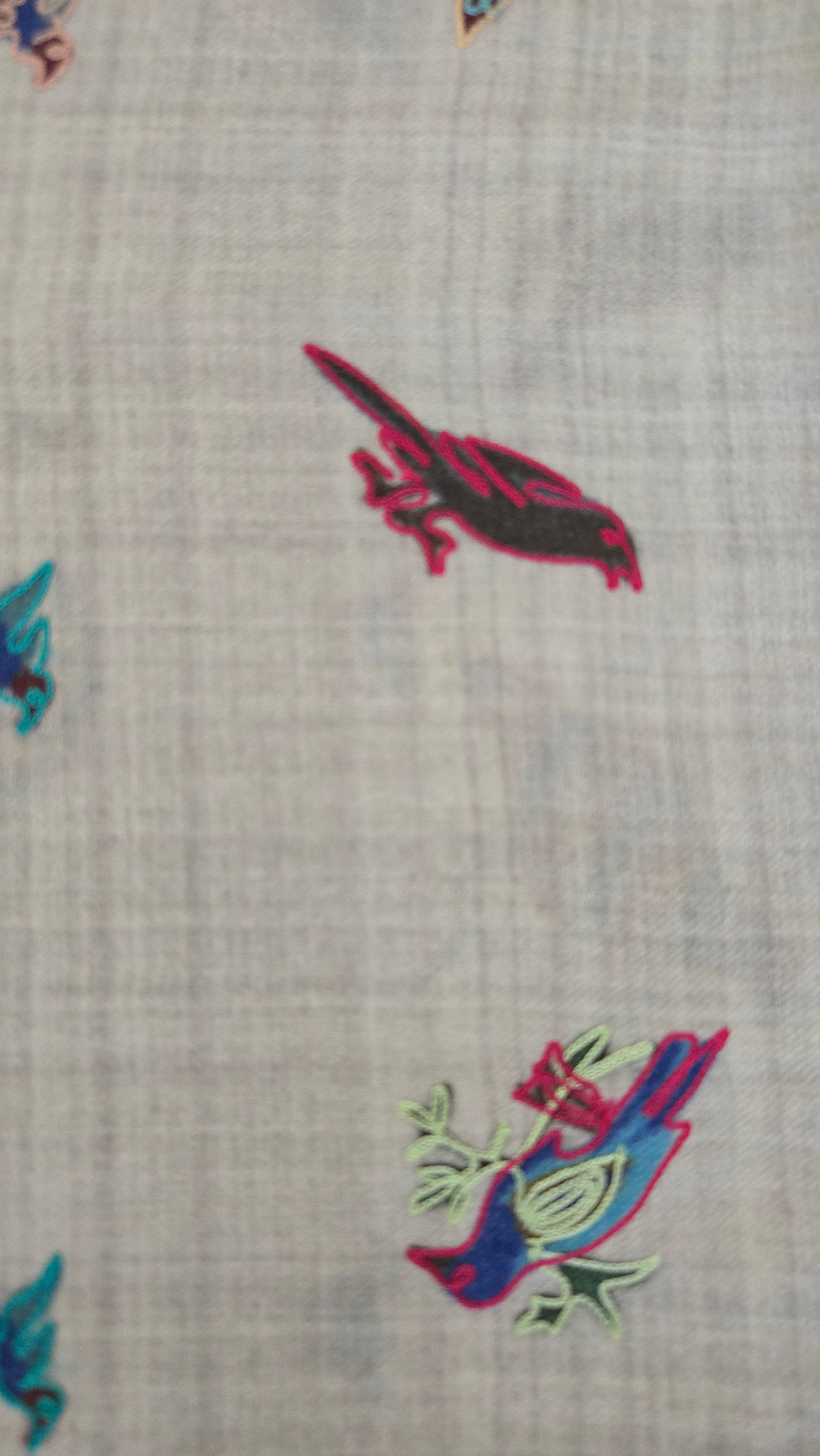 Artisan made  embroidered Pashmina wool Shawl:  digital embroidery with peacock figures