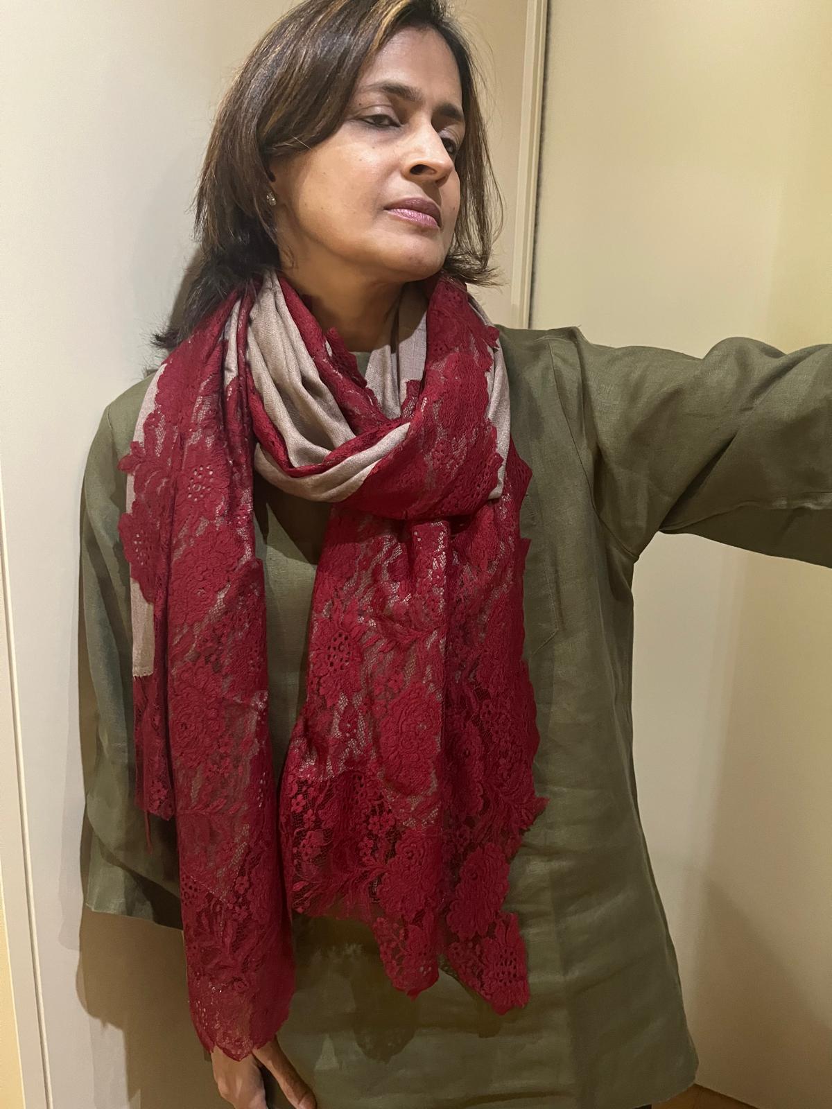 Semi Pashmina Stole with Net Lace Border | Handwoven Artisan Made Luxury Shawl in Red & Brown