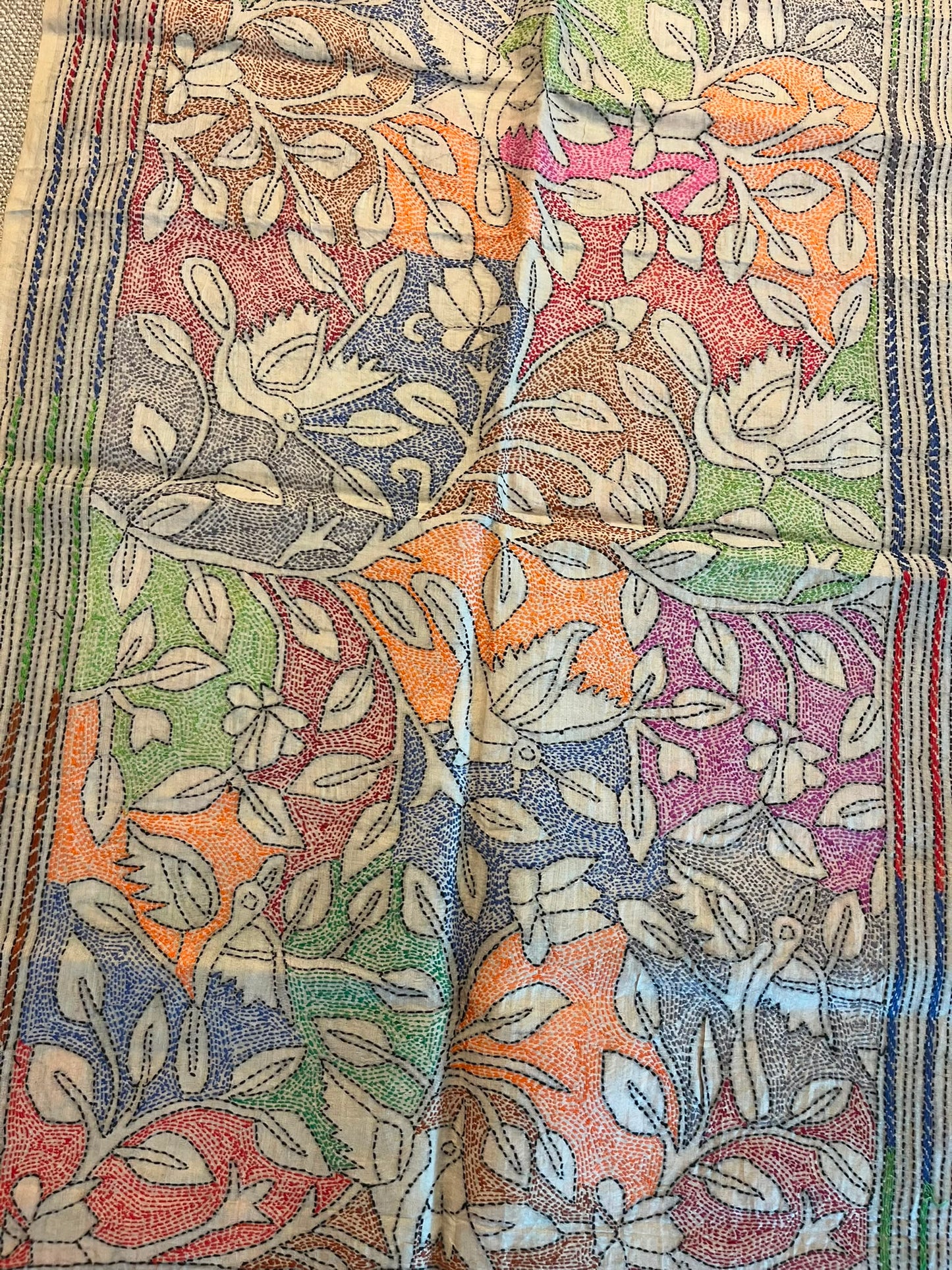 Hand-Embroidered Tusar Silk Stole: Hand-Painted Kantha Stitch