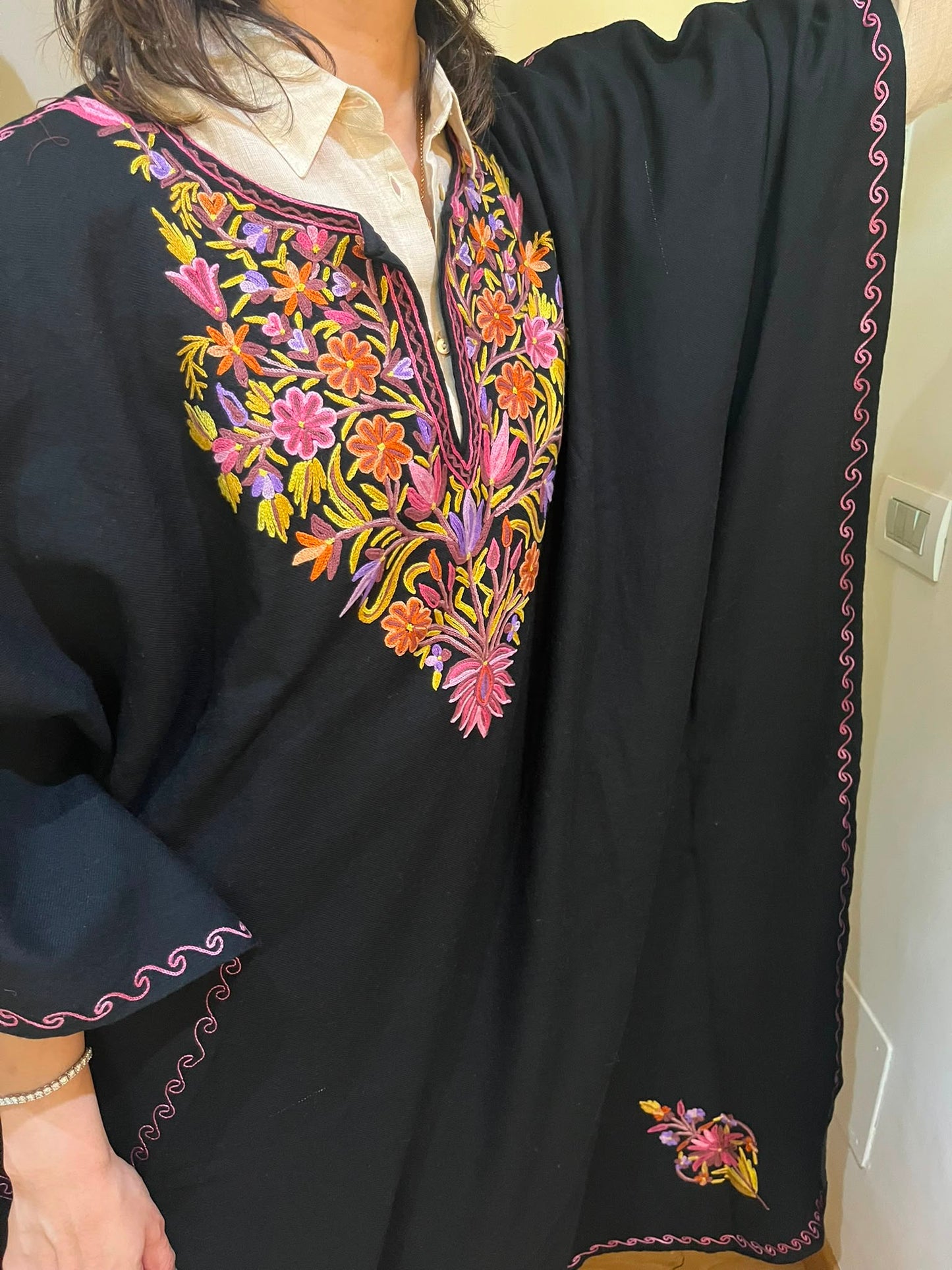Handmade black Kashmiri Embroidered Wool Poncho Cape: Bohemian Kaftan (125 cm)