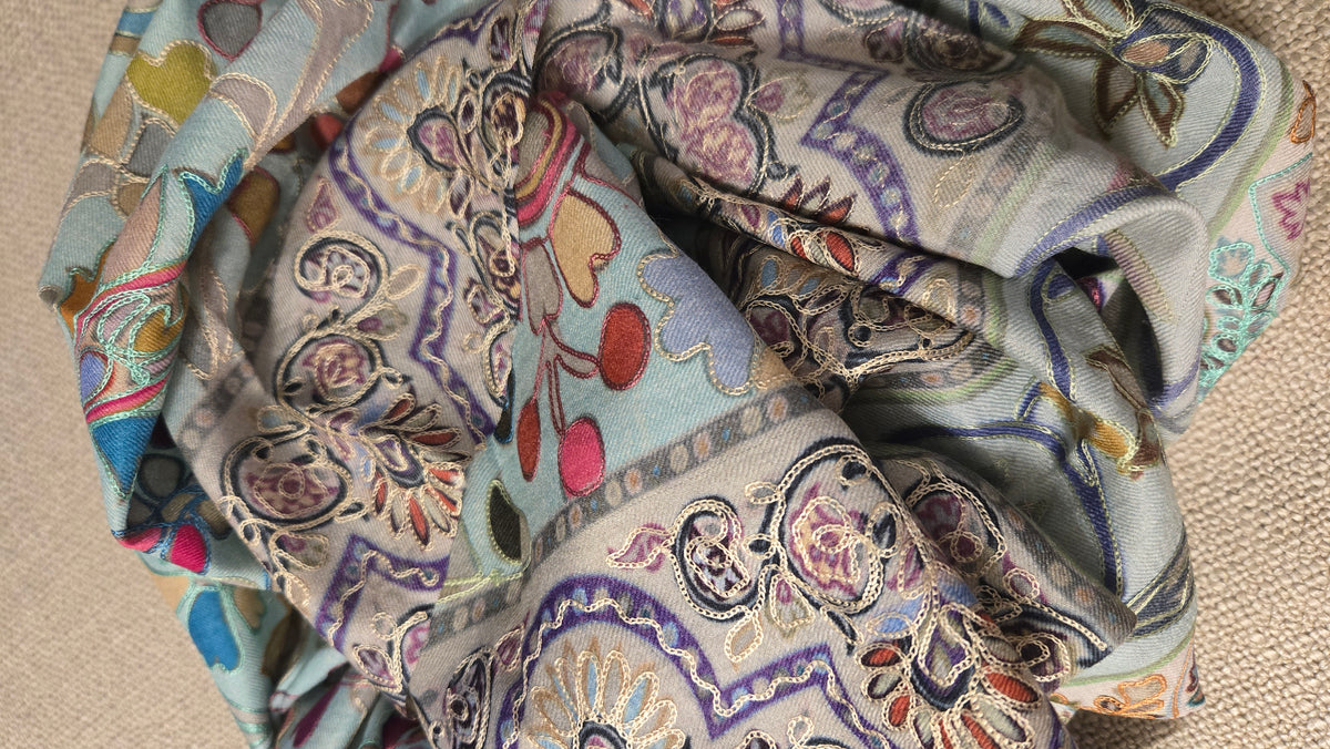 Digital Embroidered Painted Pashmina-Style Scarf in Light Grey | Multicolour Floral Wool Shawl