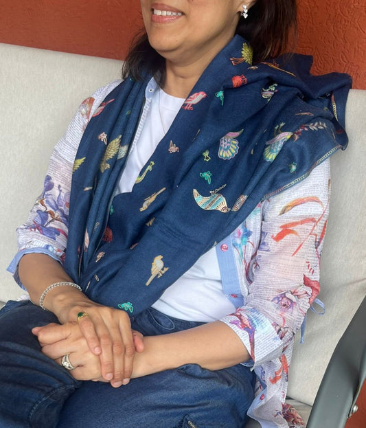 The Midnight Sanctuary: Handmade Fine Pashmina Bird Embroidered Stole