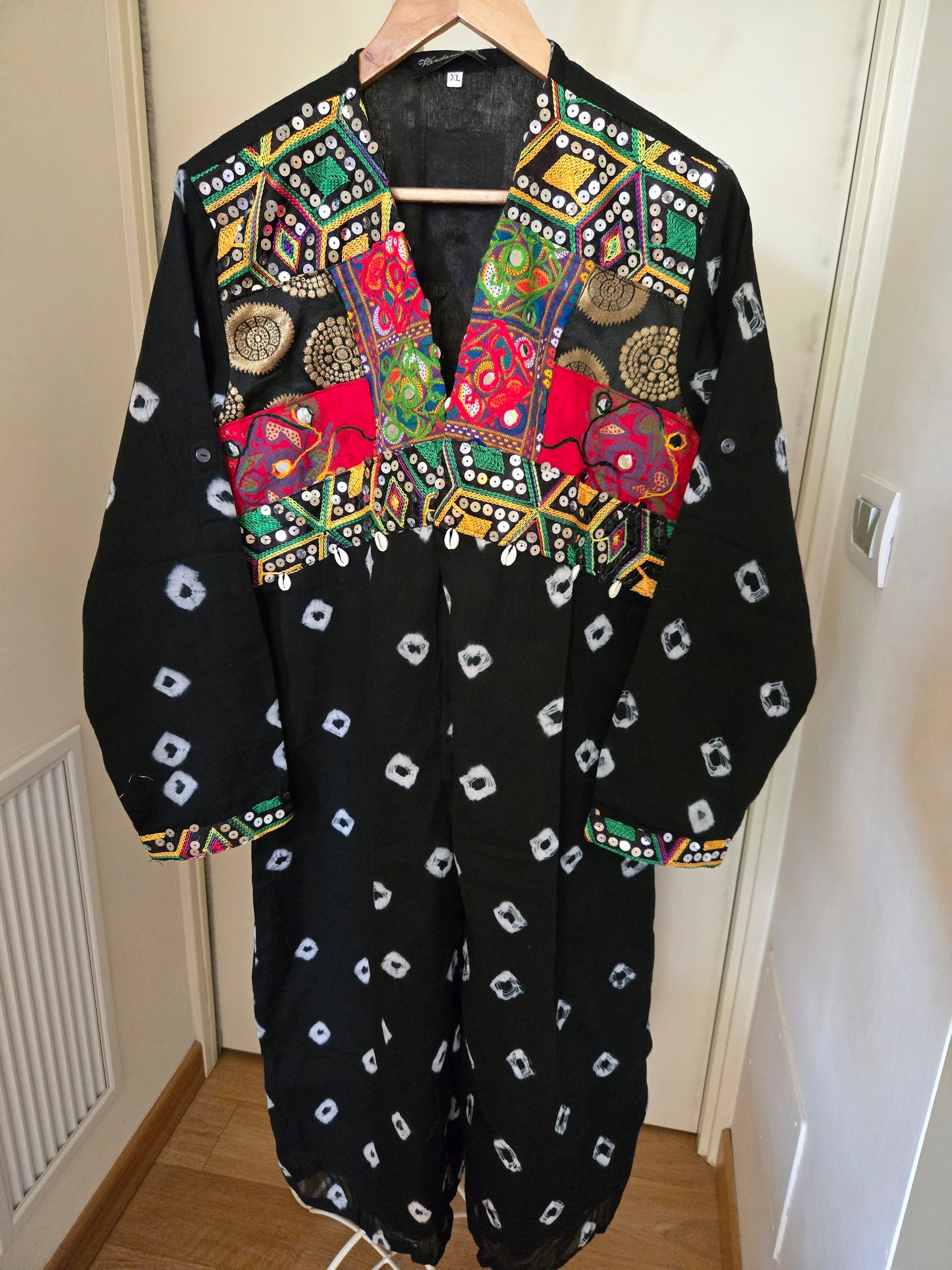 Black Cotton bandhej and patchwork Shrug with hand Embroidery, Long Embroidered  fusion wear for Women