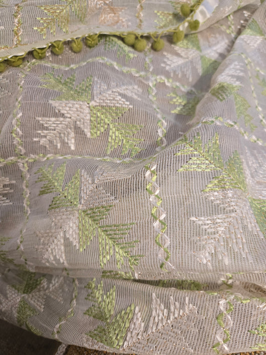 Handmade elegant Phulakari dupatta in white colour thread work in pure cotton  base traditionally made by rural Indian women of Punjab India