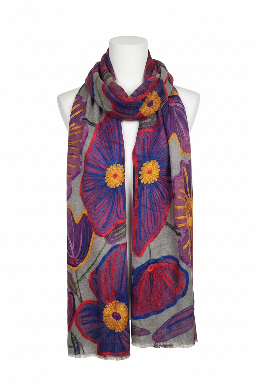 Heritage Storyteller: Fine Wool Kashmiri Hand-Embroidered Stole