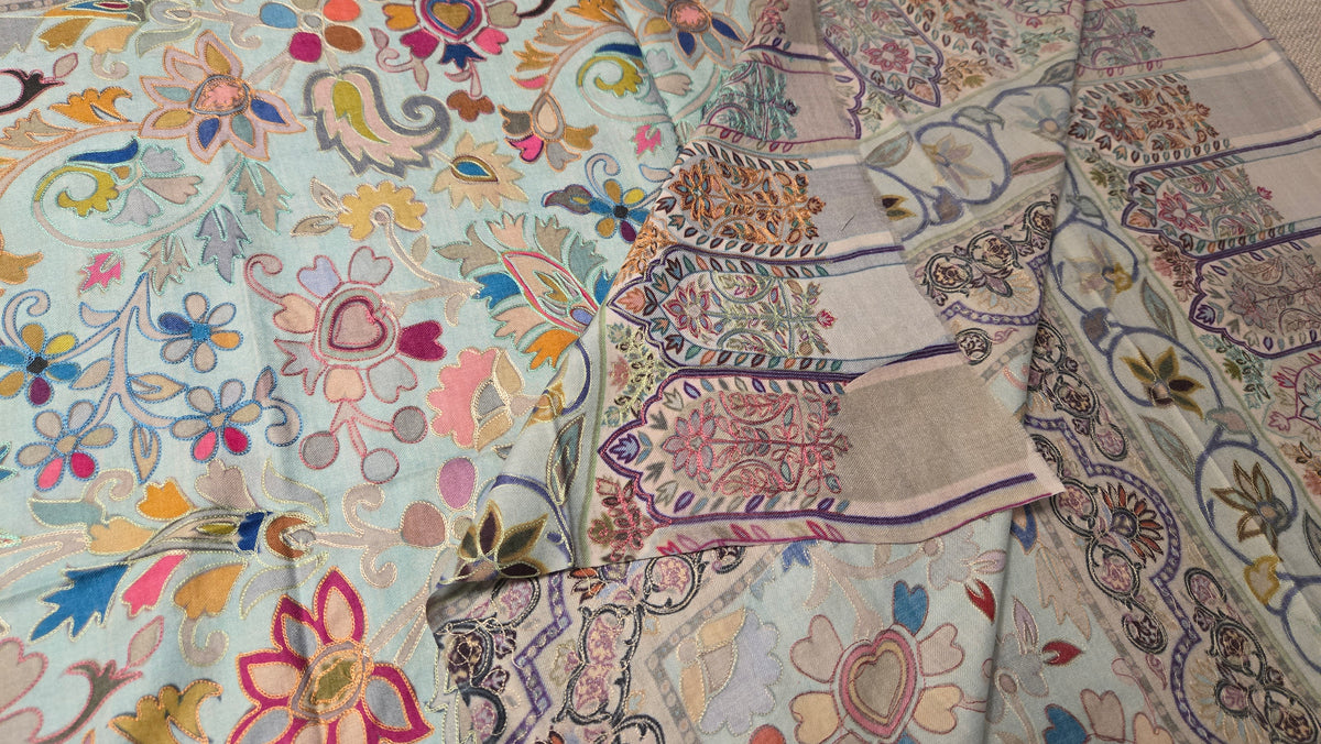 Digital Embroidered Painted Pashmina-Style Scarf in Light Grey | Multicolour Floral Wool Shawl