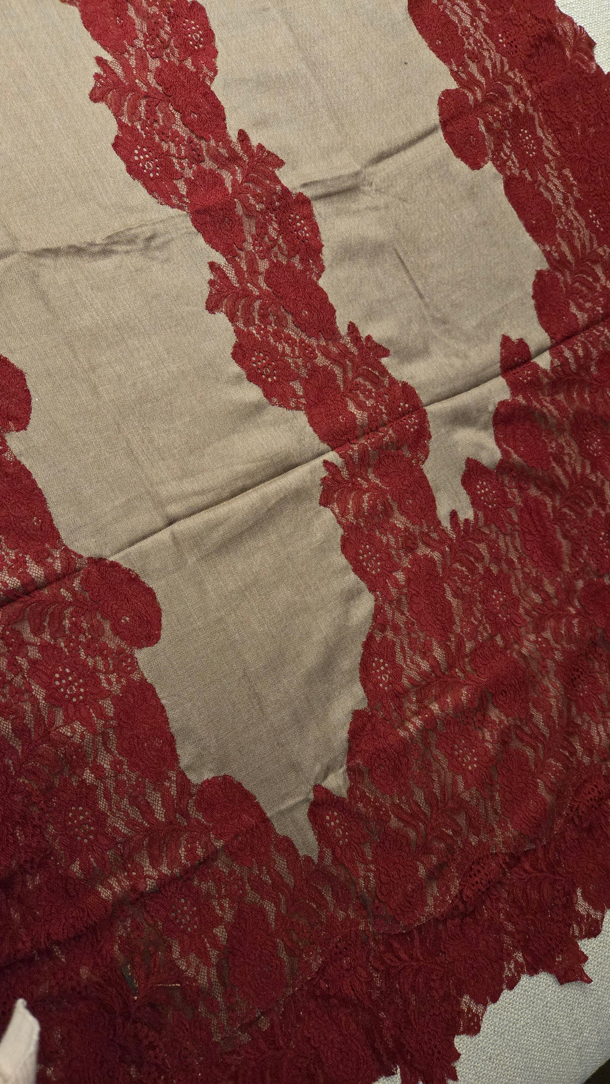 Semi Pashmina Stole with Net Lace Border | Handwoven Artisan Made Luxury Shawl in Red & Brown
