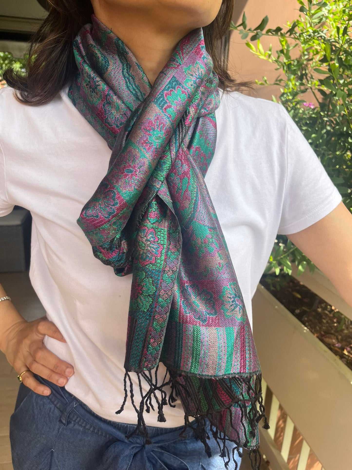 Beautiful multicoloured  self weave Paisley Silk stole / scarf perfect for all season . Very light and comfortable to carry