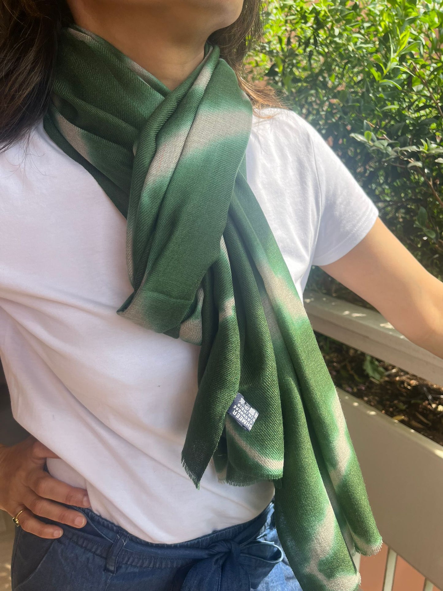 Olive Heritage: Cream & Green Woven Tie-and-Dye Pashmina Shawl
