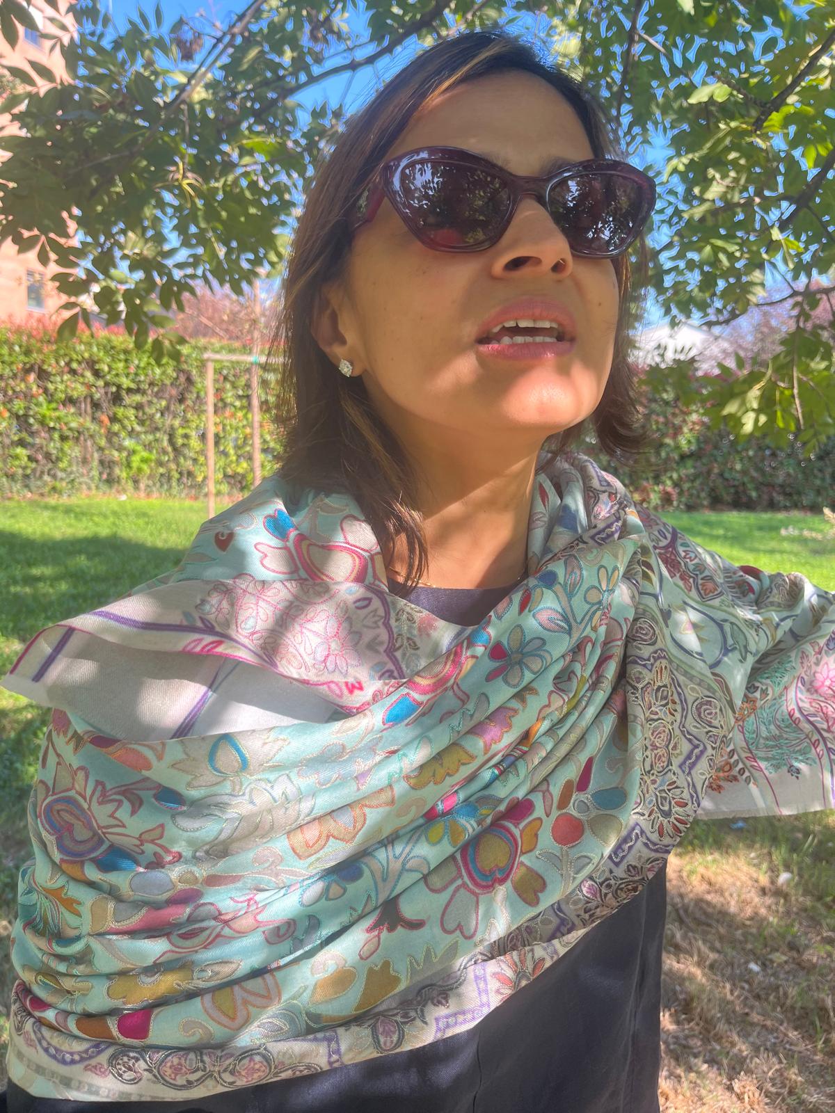 Digital Embroidered Painted Pashmina-Style Scarf in Light Grey | Multicolour Floral Wool Shawl