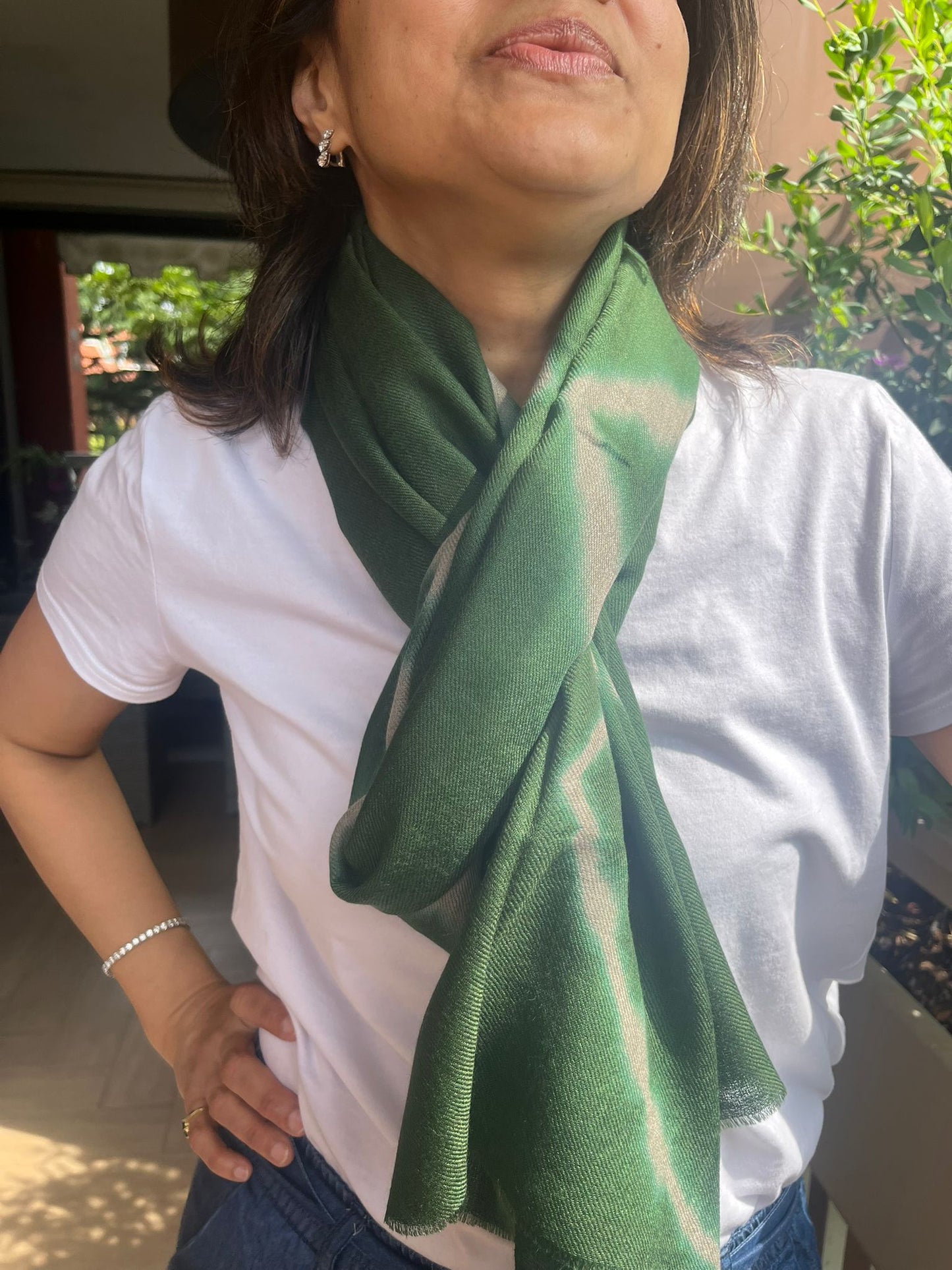 Olive Heritage: Cream & Green Woven Tie-and-Dye Pashmina Shawl
