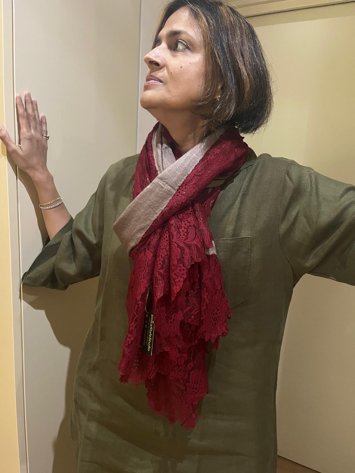 Semi Pashmina Stole with Net Lace Border | Handwoven Artisan Made Luxury Shawl in Red & Brown
