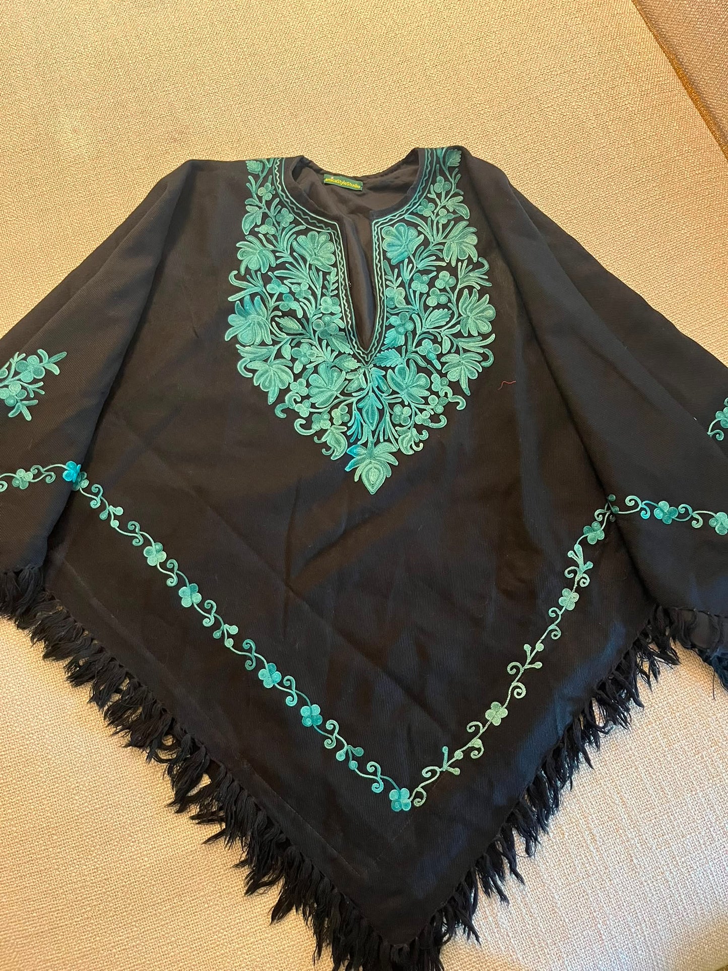 Handmade black  Kashmiri Embroidered Wool Poncho Cape