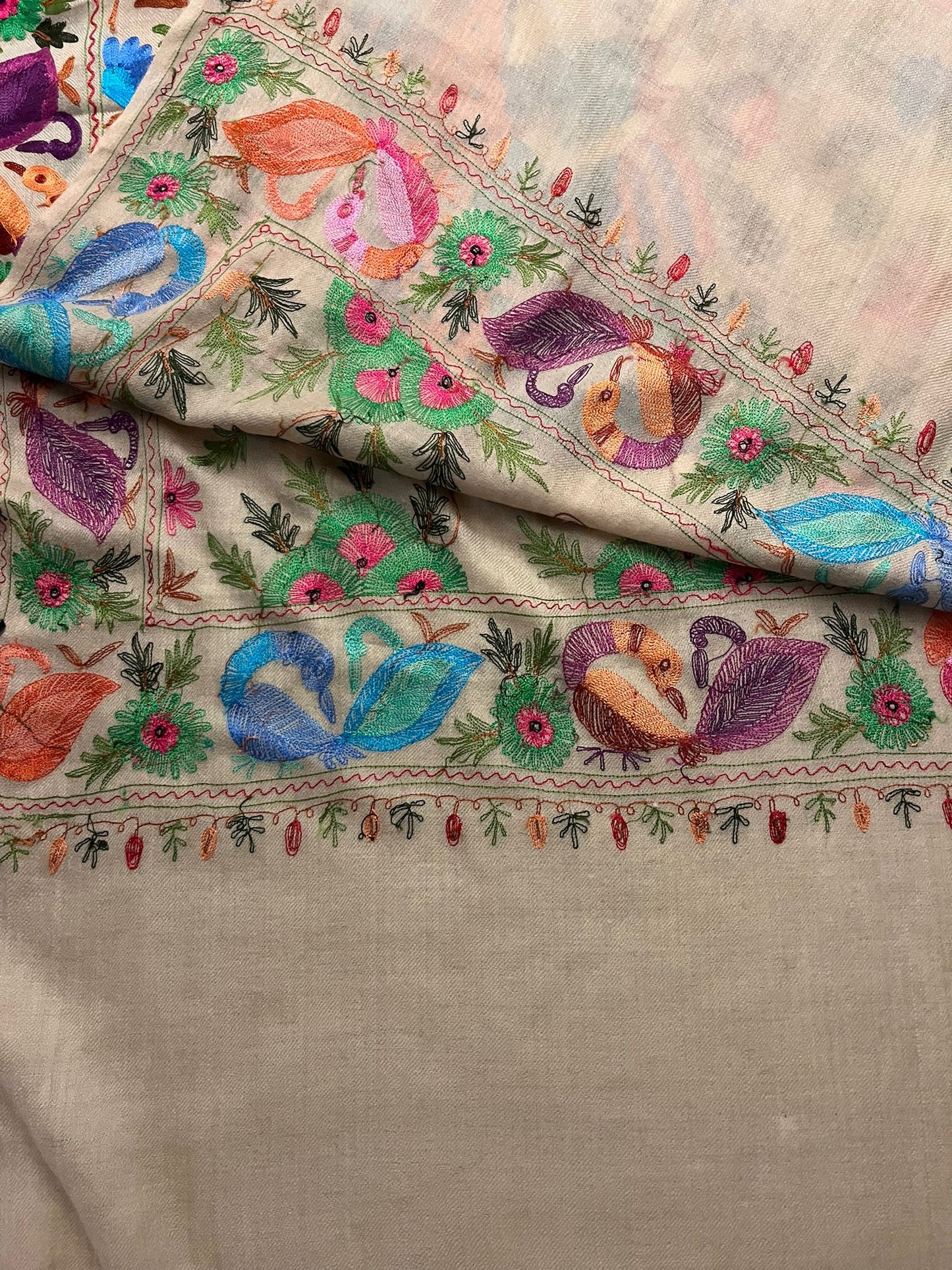 Cashmere Wool Shawl Hand Embroidered Kashmir | Folk ArtWrap | Wedding Gift Heirloom Textile