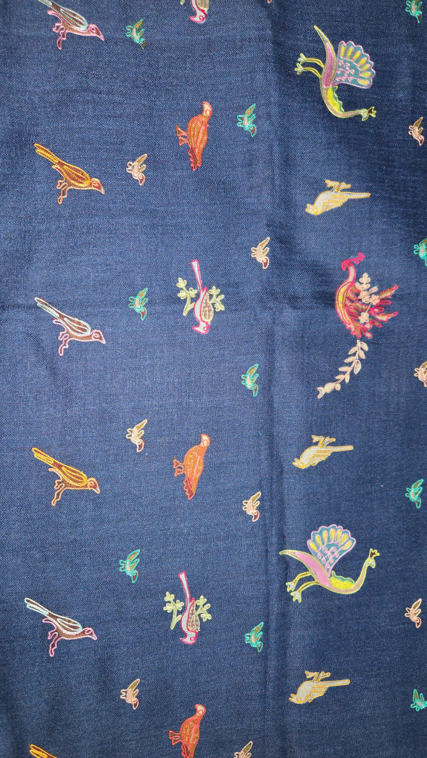 Artisan made embroidered Pashmina wool shawl:  digital embroidery with bird figures