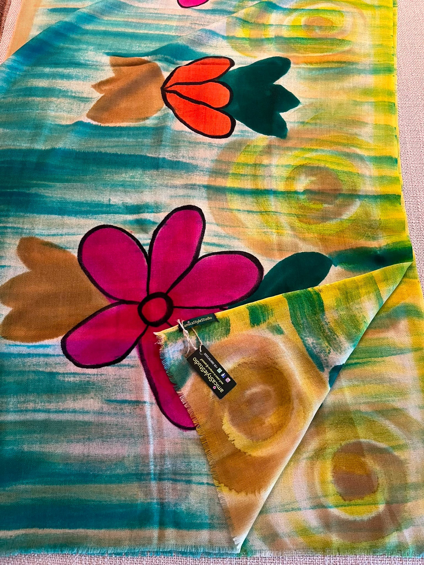 Hand painted Pashmina Wool floral Scarf/Shawl made by artisans