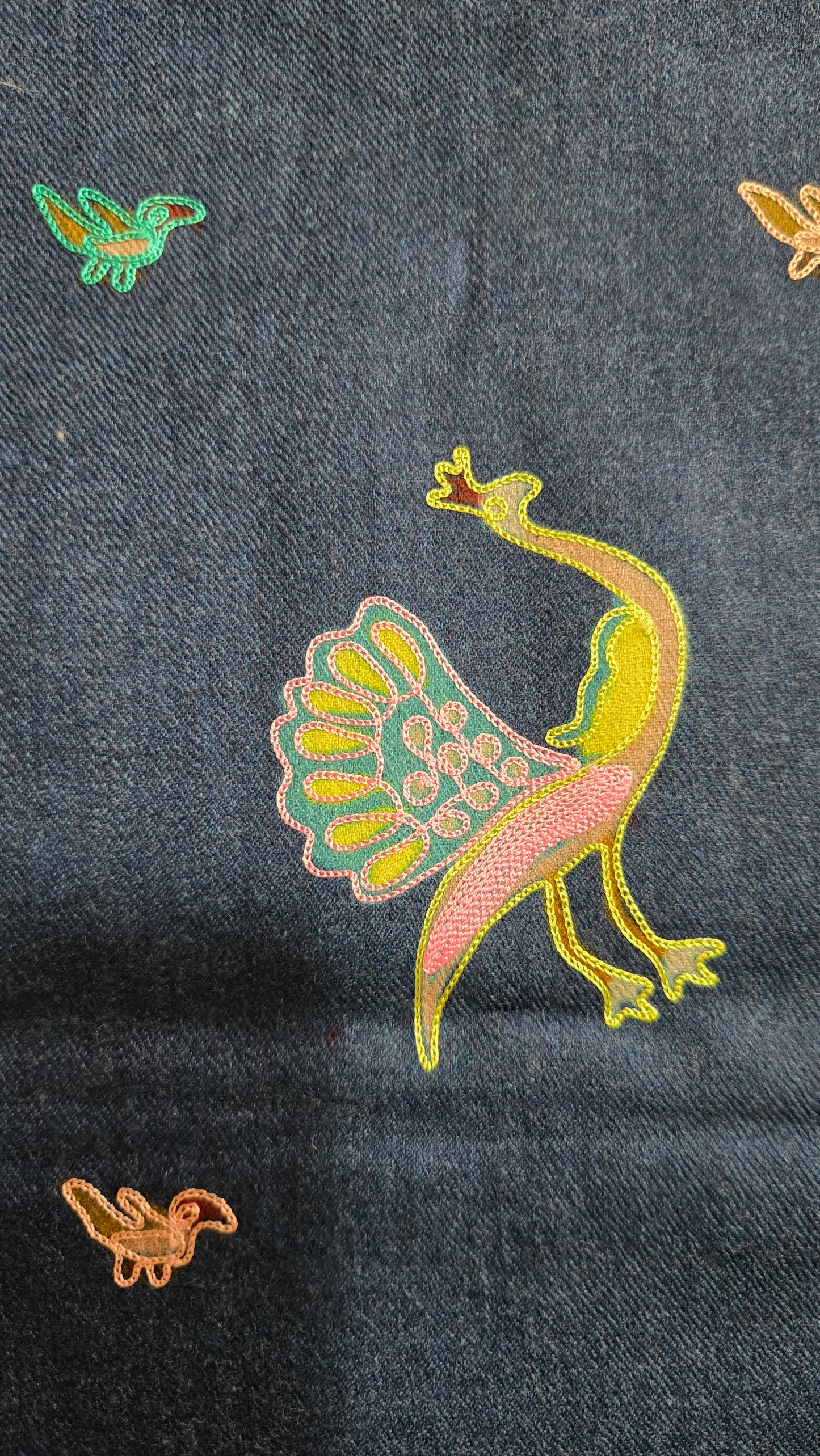 Artisan made embroidered Pashmina wool shawl:  digital embroidery with bird figures